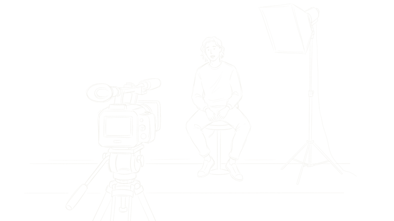 Boceto de storyboard: una persona sentada en un taburete habla a una cámara en trípode, con un foco lateral.