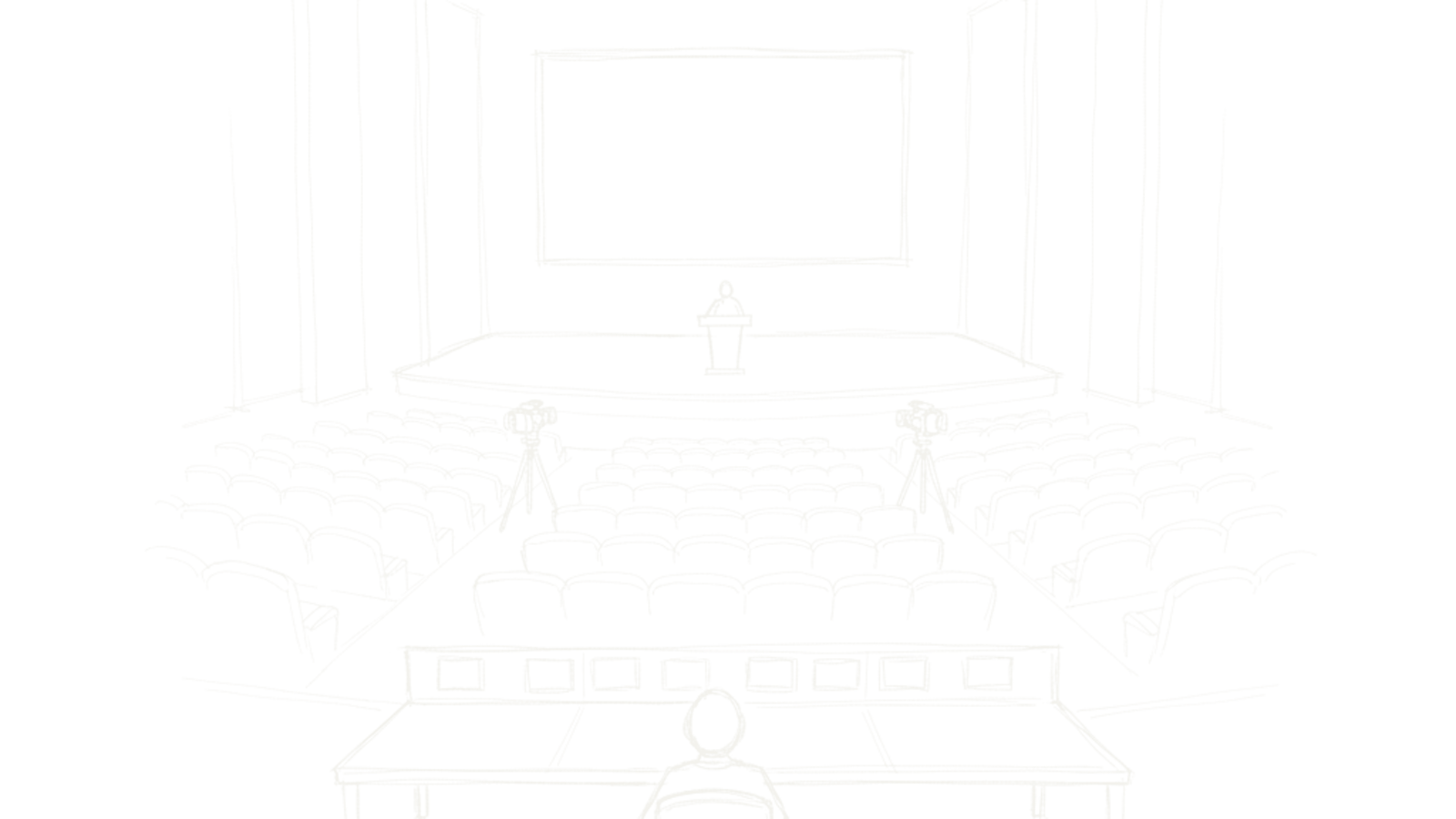 Boceto de storyboard: un auditorio visto desde la mesa de realización, con dos cámaras en los pasillos y el escenario con pantalla al fondo.